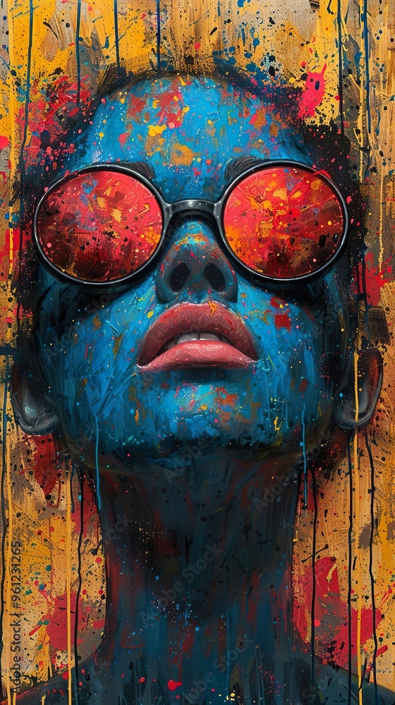 Close-up portrait of a woman with blue paint on her face and red sunglasses. Close-up portrait of a woman with blue paint on her face and red sunglasses.