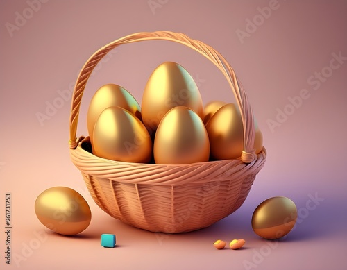 Obraz na płótnie Golden Easter eggs in a wicker basket. 3D rendering.Wealth concept w salonie