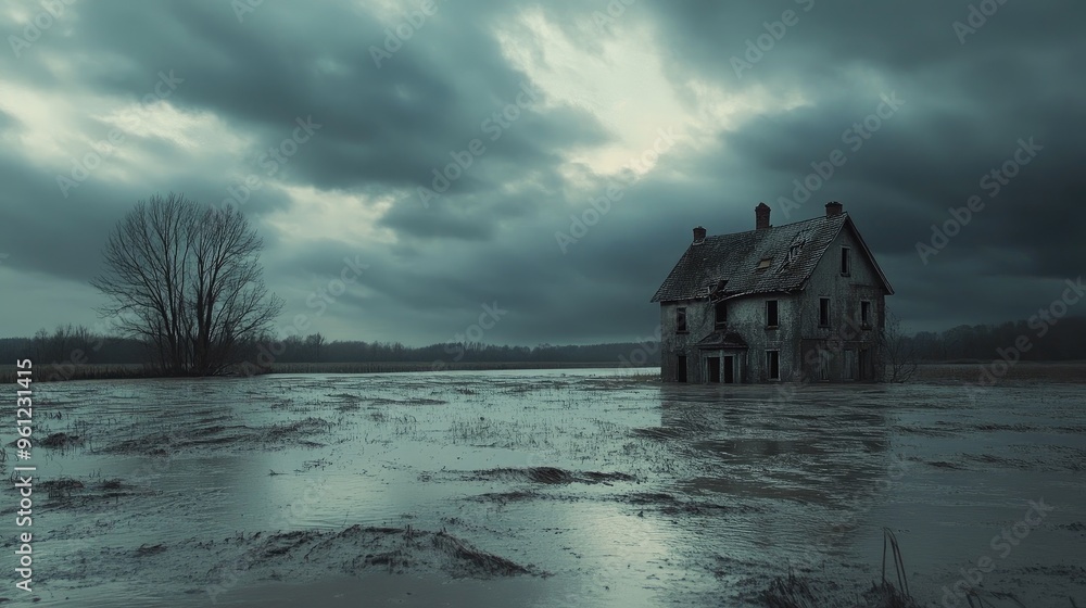 A flooded field with a lone, battered farmhouse standing, surrounded by water under a dark and threatening sky. A flooded field with a lone, battered farmhouse standing, surrounded by water under a dark and threatening sky.