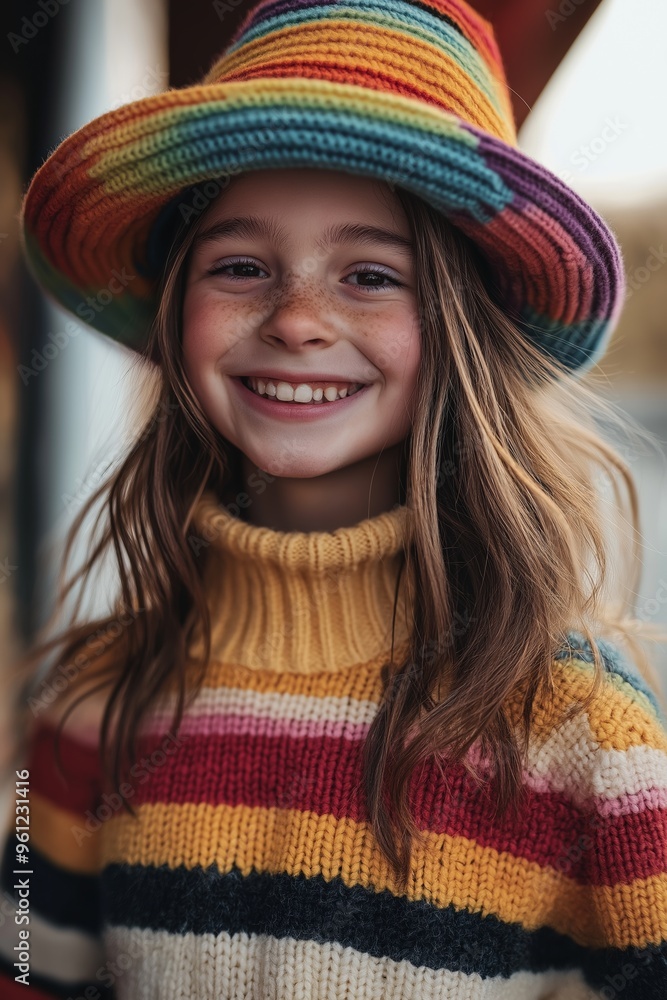 A young girl wearing a colorful striped sweater and a rainbow hat is smiling. The girl's smile is bright and cheerful, and she is enjoying herself. Concept of happiness and playfulness A young girl wearing a colorful striped sweater and a rainbow hat is smiling. The girl's smile is bright and cheerful, and she is enjoying herself. Concept of happiness and playfulness