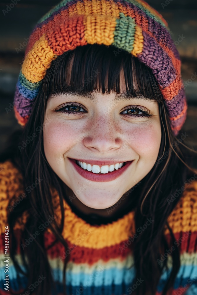 A girl with a colorful knit hat and a smile on her face. She is wearing a striped sweater and has a pink lip gloss on A girl with a colorful knit hat and a smile on her face. She is wearing a striped sweater and has a pink lip gloss on
