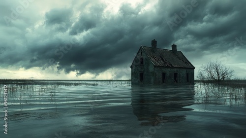 A flooded field with a lone, battered farmhouse standing, surrounded by water under a dark and threatening sky. photo