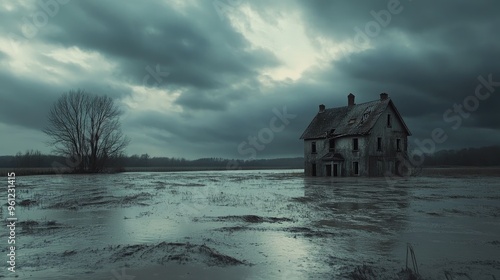 A flooded field with a lone, battered farmhouse standing, surrounded by water under a dark and threatening sky.