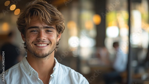 A successful young man smiles after a business meeting, symbolizing career advancement and positive negotiations, ideal for business and interview contexts with copy space.