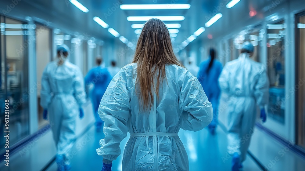 A busy hospital corridor featuring doctors and nurses in protective gear, ideal for health care marketing, medical technology presentations, or health awareness campaigns. Business with copy space. A busy hospital corridor featuring doctors and nurses in protective gear, ideal for health care marketing, medical technology presentations, or health awareness campaigns. Business with copy space.