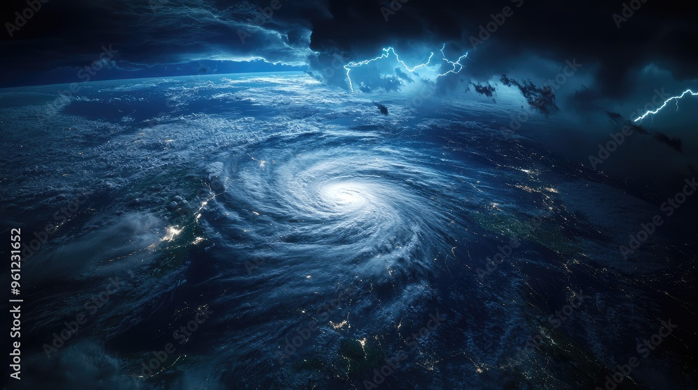 A hurricane gathering strength over a darkened sea, with lightning strikes illuminating the storm's core. A hurricane gathering strength over a darkened sea, with lightning strikes illuminating the storm's core.