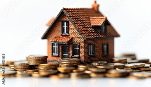 A model house surrounded by a stack of coins, illustrating the home savings concept for investment properties. Perfect for business presentations on real estate and cost of living.