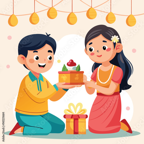 Bhai Dooj celebration with brother and sister exchanging gifts illustration