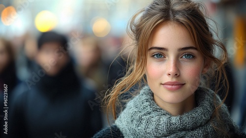 A close-up of a woman in a street scene, conveying confidence and approachability, ideal for business promotions, marketing materials, and social media campaigns.