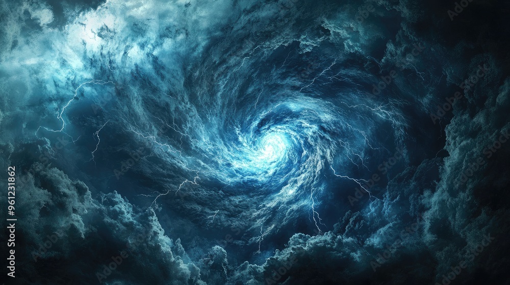 A hurricane's eye wall approaching the coastline, with thick clouds and lightning illuminating the dark, swirling sky. A hurricane's eye wall approaching the coastline, with thick clouds and lightning illuminating the dark, swirling sky.