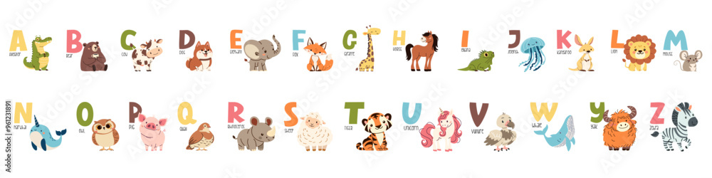 Obraz premium Set of flat vector illustrations and letters of the alphabet. Colorful alphabet and animals on the first letter. Children's style and white background . Vector illustration