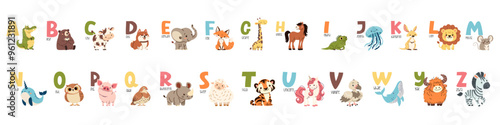 Set of flat vector illustrations and letters of the alphabet. Colorful alphabet and animals on the first letter. Children's style and white background . Vector illustration