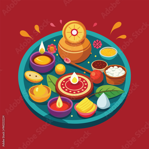 Bhai Dooj pooja thali with tilak, sweets, and diya artwork