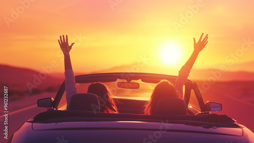 A couple driving in an open-top car with their arms raised, enjoying the sunset