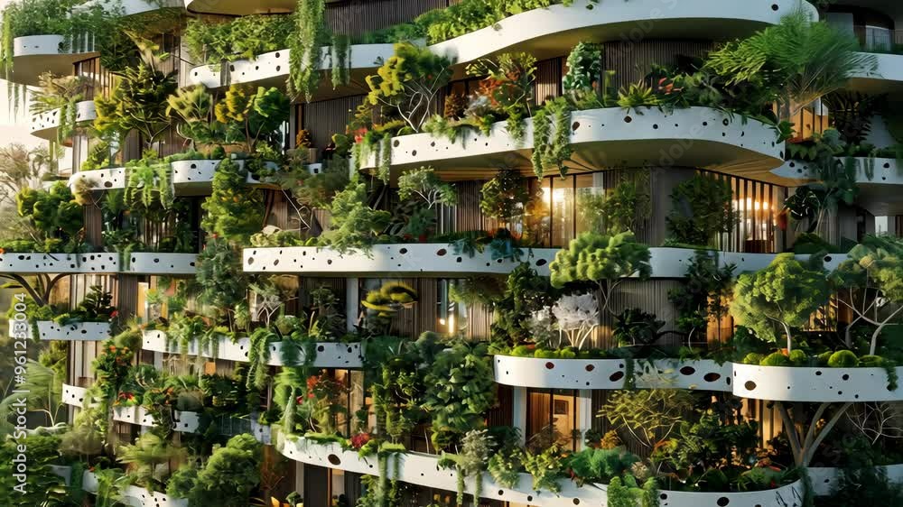 Lush vertical garden on a modern building with multiple balconies ...