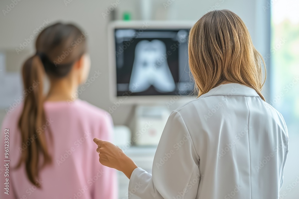 Female doctor is pointing at a mammography scan on a computer screen while talking to her patient Female doctor is pointing at a mammography scan on a computer screen while talking to her patient