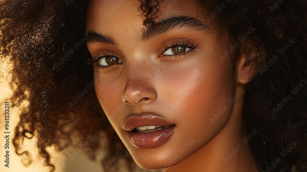 Close-up portrait of a beautiful young woman with curly hair Close-up portrait of a beautiful young woman with curly hair