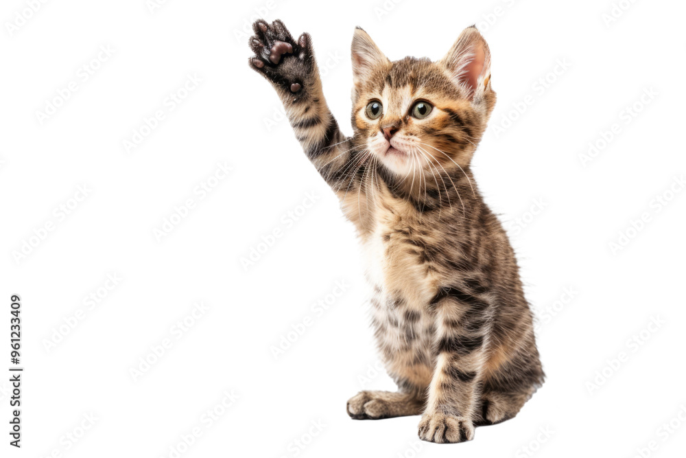 Obraz premium Kitten standing on hind legs waving one paw, isolated on white background