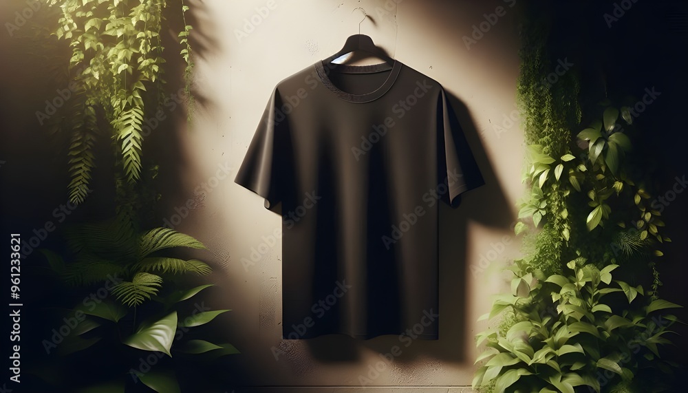 Black Blank T-Shirt Hanging on Textured Wall with Greenery Background for Design Mockup, Fashion Display, and Graphic Template Black Blank T-Shirt Hanging on Textured Wall with Greenery Background for Design Mockup, Fashion Display, and Graphic Template