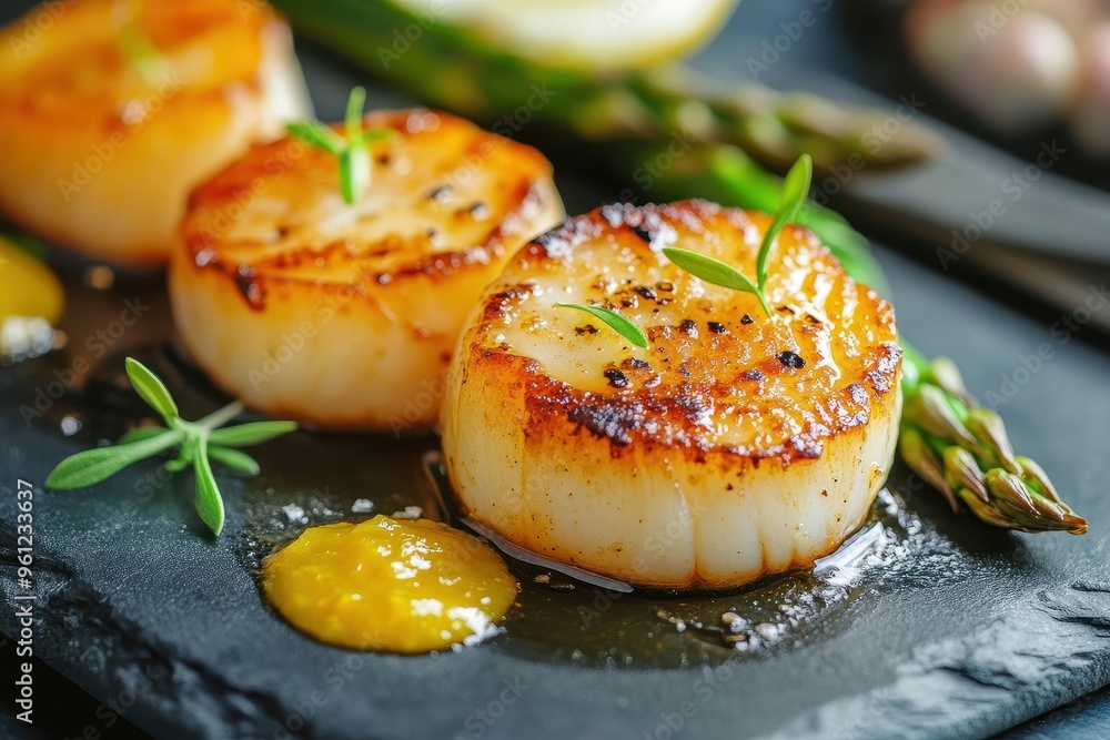 Grilled scallops served with sauce and garnished with herbs on a slate plate. Grilled scallops served with sauce and garnished with herbs on a slate plate.
