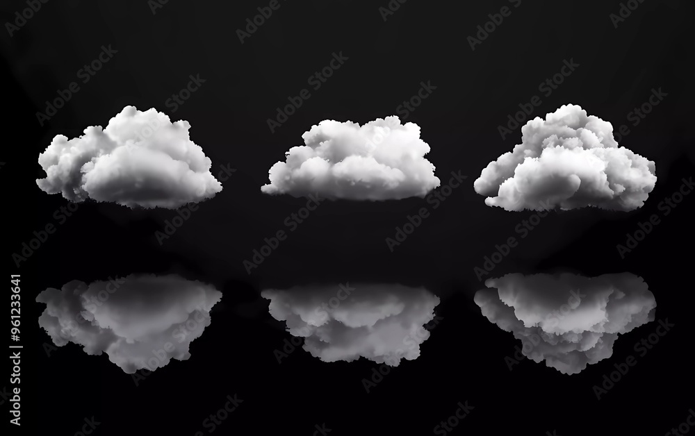Collection of realistic gray clouds isolated on black background. Vector illustration with soft and fluffy clouds Collection of realistic gray clouds isolated on black background. Vector illustration with soft and fluffy clouds