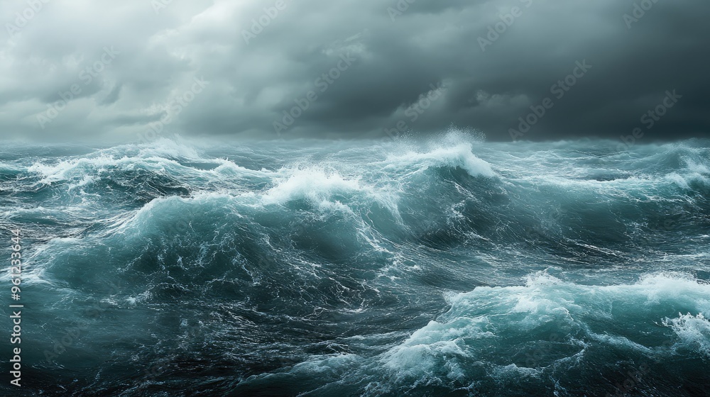 A turbulent ocean under a hurricane, with high waves crashing and dark storm clouds looming above. A turbulent ocean under a hurricane, with high waves crashing and dark storm clouds looming above.