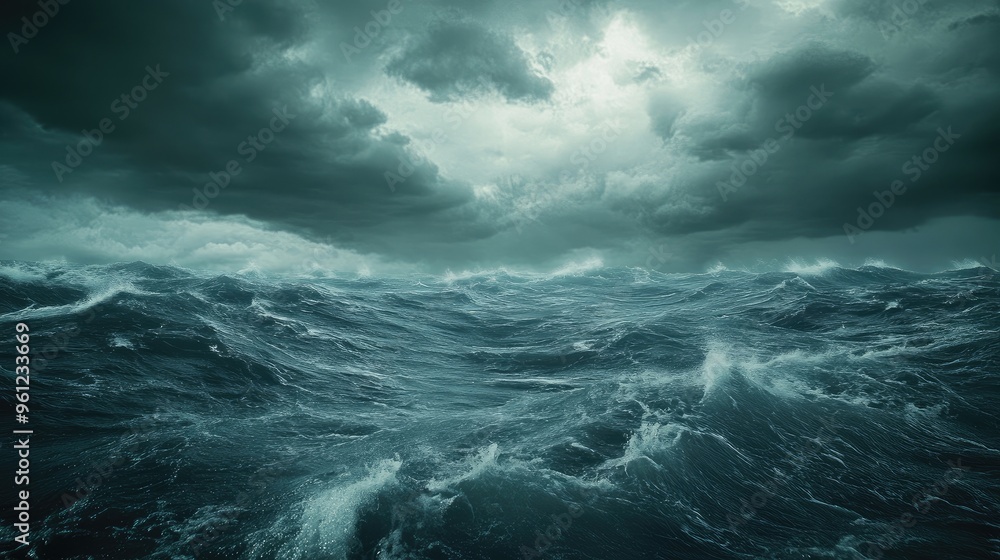 Fototapeta premium A turbulent ocean with a hurricane looming in the distance, the sky filled with dark clouds and fierce winds.