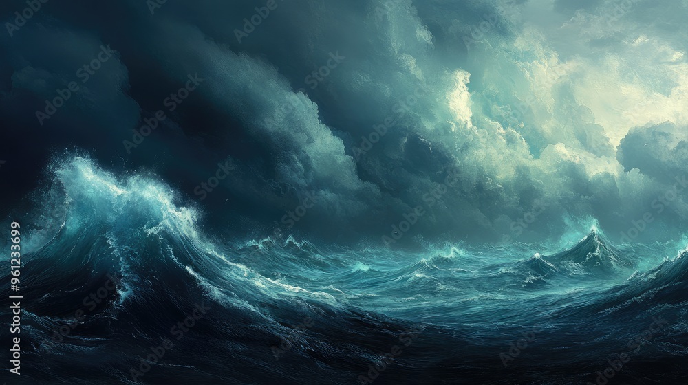 Fototapeta premium A turbulent ocean with a hurricane looming in the distance, the sky filled with dark clouds and fierce winds.