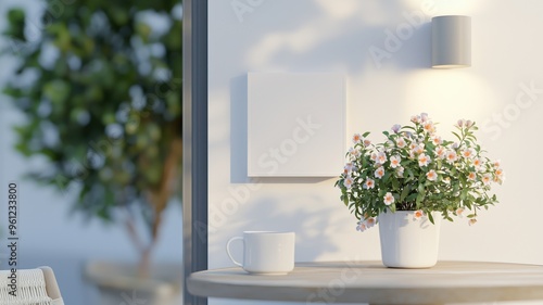 Wallpaper Mural A serene indoor scene featuring a potted flower, a coffee cup, and a light fixture, perfect for showcasing neutral aesthetics. Torontodigital.ca