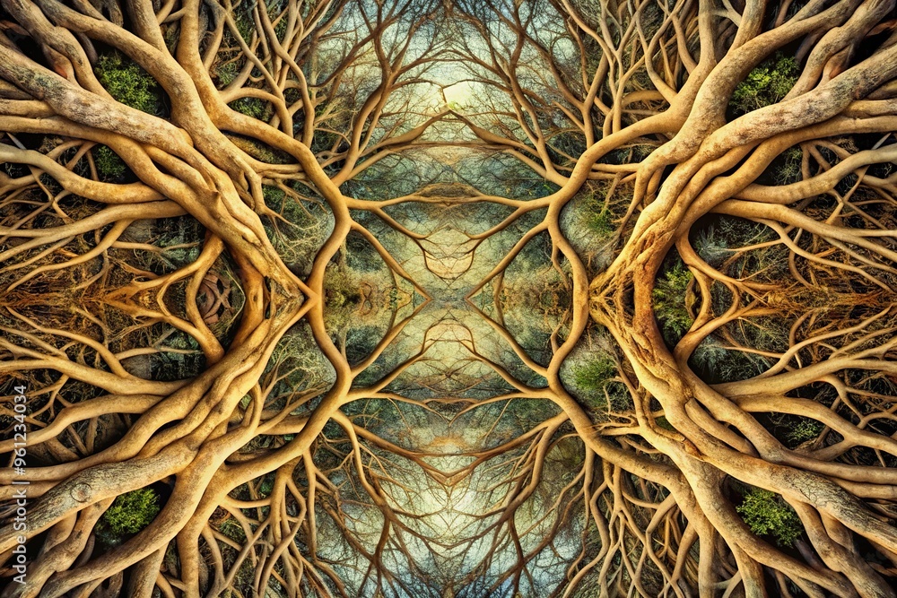 abstract tapestry of intertwined roots and branches reflected abstract tapestry of intertwined roots and branches reflected