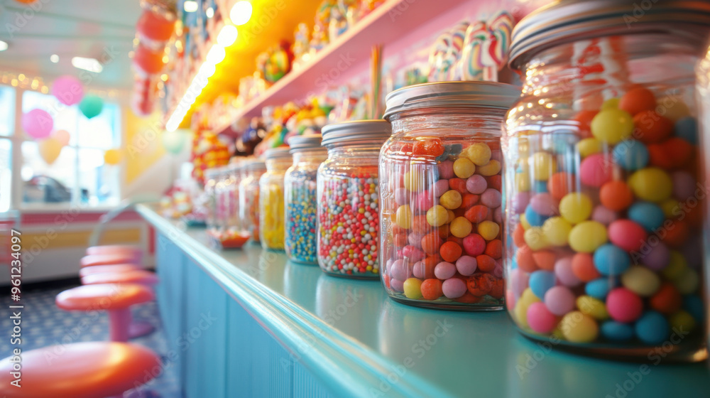 A candy display in a retro diner setting, with jars of old-fashioned sweets and bright colors A candy display in a retro diner setting, with jars of old-fashioned sweets and bright colors