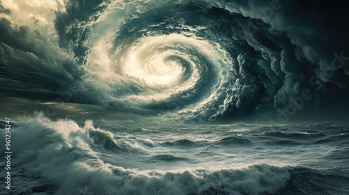 A view of hurricane clouds spiraling tightly around a calm eye, over the open sea with rough waves below.