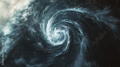 A violent hurricane churning up the ocean, with massive waves and dark clouds gathering in a tight spiral pattern.