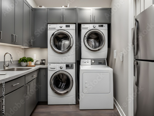 An apartment kitchen with white and grey cabinets, stainless steel appliances, and a stacked washer and dryer