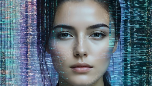 A digital portrait of a human face with glitch effects, where the features break into pixels and data streams, blending the real and the virtual
