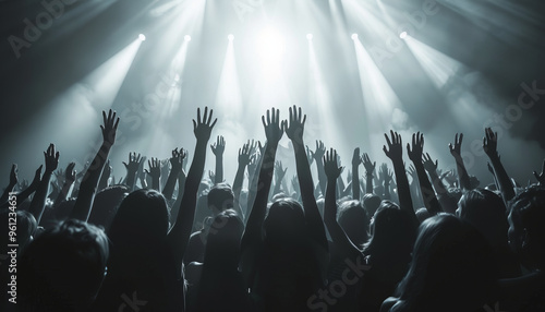 Large group of people at a concert party cheering, back view,silhouette