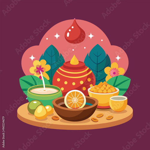 Traditional Bhai Dooj sweets and diya arrangement illustration