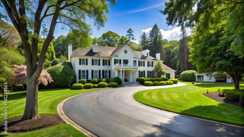 Wallpaper Mural A circular asphalt driveway encircles a stately white house, surrounded by a vibrant green lawn and shaded by sprawling mature trees. Torontodigital.ca