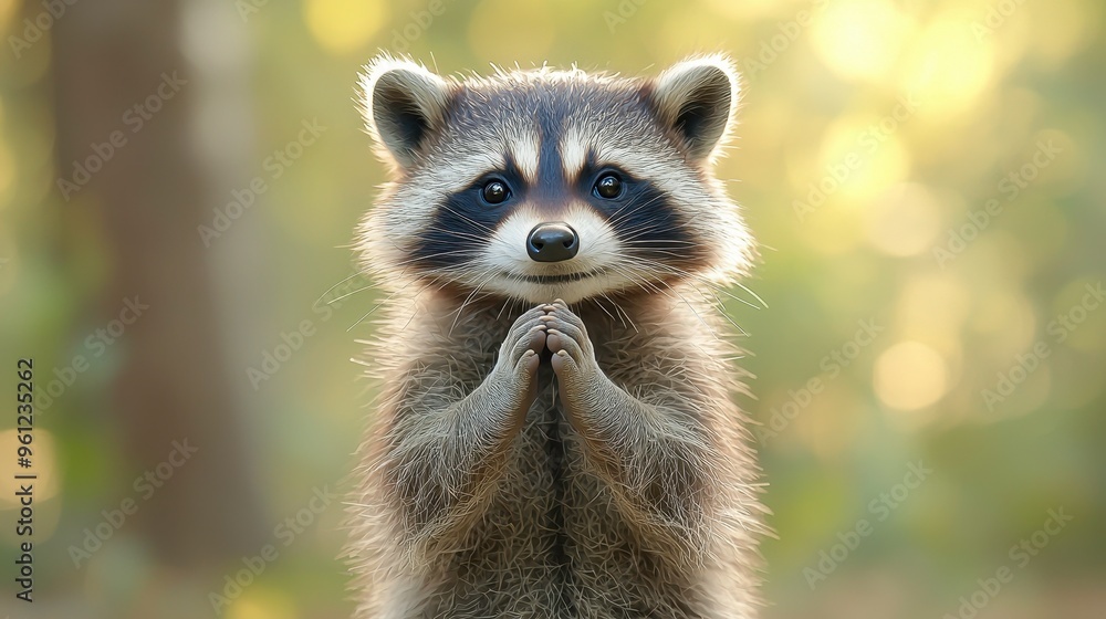 Fototapeta premium 3D raccoon with its hands clasped and a soft pastel background on the right, representing the cleverness of urban wildlife in a zoo, style of