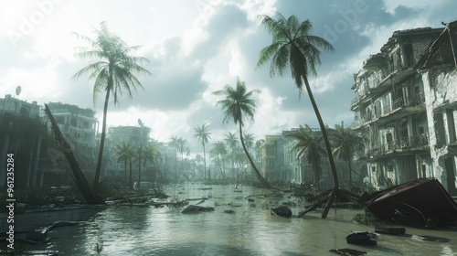 An image of a coastal city flooded with water, with palm trees bent by the strong winds and debris scattered. photo