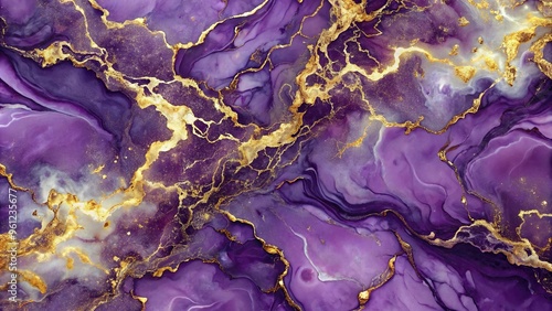 Abstract voilet marble texture with gold splashes purple luxury background Panoramic photo