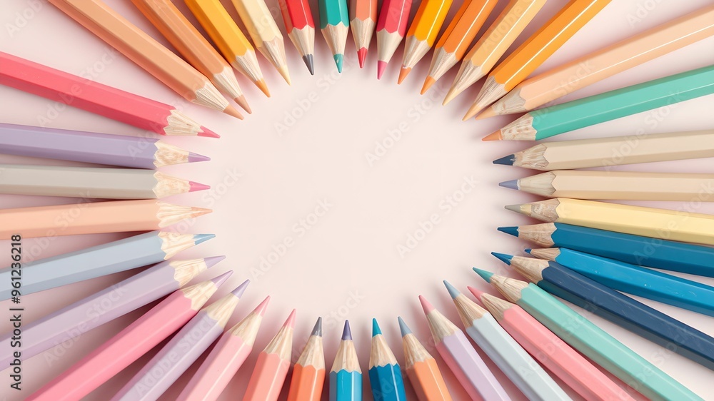 Circular Arrangement of Pastel Colored Pencils with Text Space Circular Arrangement of Pastel Colored Pencils with Text Space