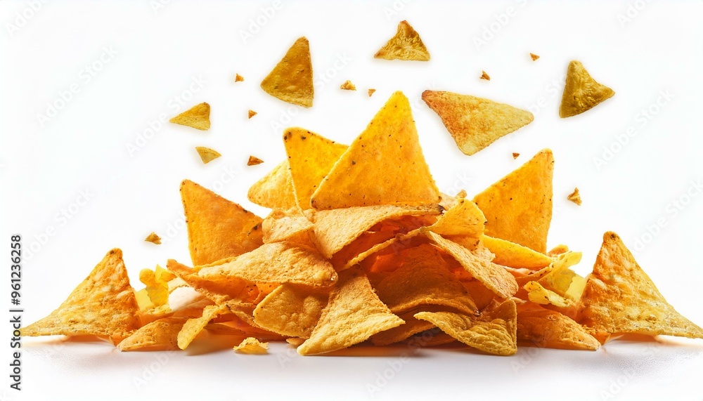 Tortilla Chip Crumbs in a Pile with Flying Yellow Fragments: Isolated on White Tortilla Chip Crumbs in a Pile with Flying Yellow Fragments: Isolated on White