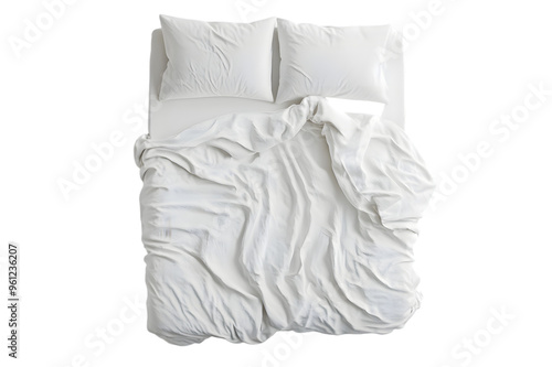 Blank white bed mock up, top view. Empty blanket and pillows mockup in bedstead isolated on transparent background