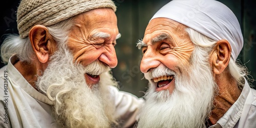 Two wise elderly men with long white beards and twinkle in their eyes, sitting together, sharing stories and laughter, exuding warmth and friendship. photo