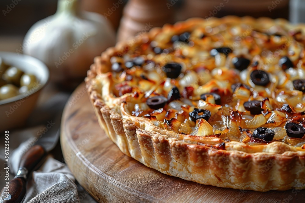 Pissaladiere A savory Pissaladiere tart with caramelized onions, anchovies, and olives on a thin, crispy crust Pissaladiere A savory Pissaladiere tart with caramelized onions, anchovies, and olives on a thin, crispy crust