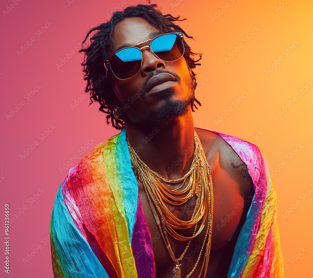Stylish African Male Singer in Rainbow Fabric and Gold Jewelry Stylish African Male Singer in Rainbow Fabric and Gold Jewelry