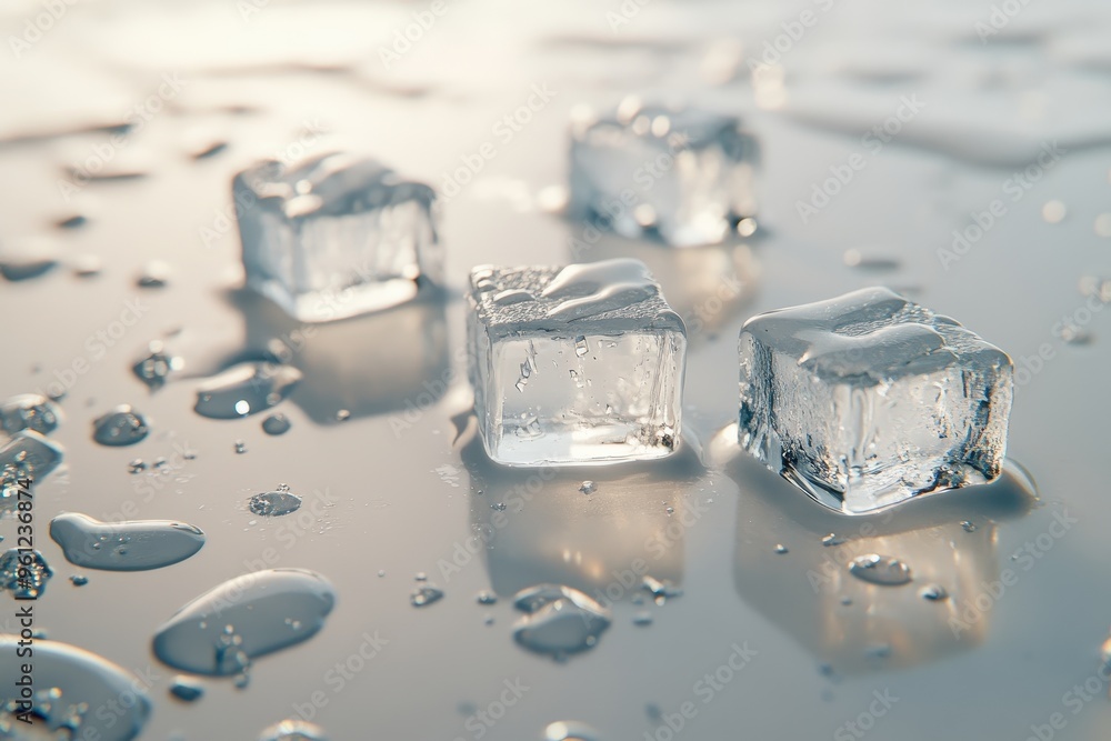 Ice cubes melting on a surface, creating droplets of water. Ice cubes melting on a surface, creating droplets of water.