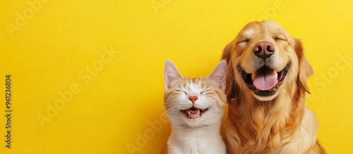 Vet banner with pets and copy space for text. Dog and cat smiling with happy expression and closed eyes. Isolated on yellow background