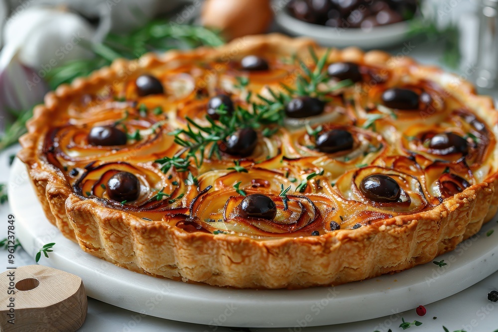 Pissaladiere A savory Pissaladiere tart with caramelized onions, anchovies, and olives on a thin, crispy crust Pissaladiere A savory Pissaladiere tart with caramelized onions, anchovies, and olives on a thin, crispy crust